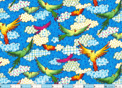 Birds Yellow Green Check Clouds Fabric