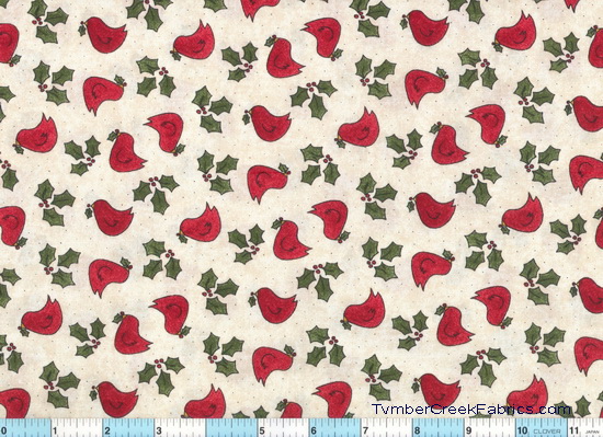 Red Birds Green Holly Cotton Fabric 2yds21"