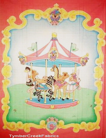 Carousel Giraffe Zebra Rose Pink Quilt Fabric Panel
