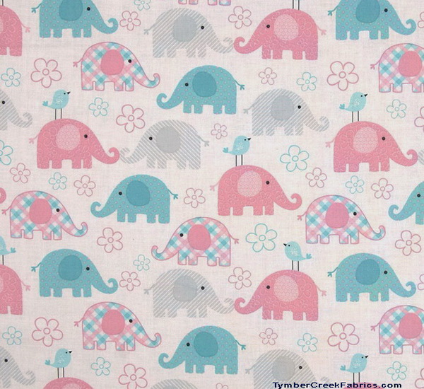 Elephants Pink Blue Birdies Adorable Fabric