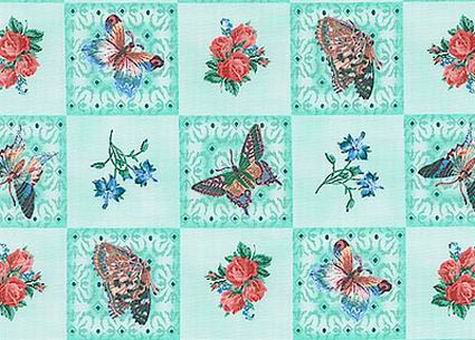 Butterflies Flutter Fantasy Floral Blocks Mint Fabric