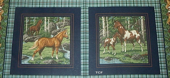 Horses Blue Plaid Fabric Pillow Panel