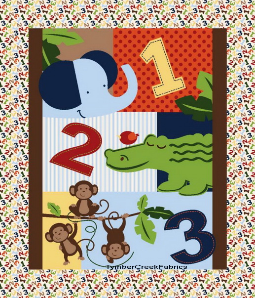 Nursery Monkey Jungle 1 2 3 Wall Quilt Fabric Panel <font color=