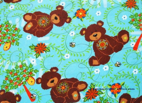 Mystic Bears Flowers Blue Fabric