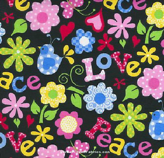 Love Peace Birds Flowers Black Fabric