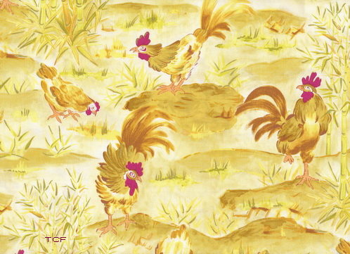 Asian Roosters Bamboo Cotton Fabric