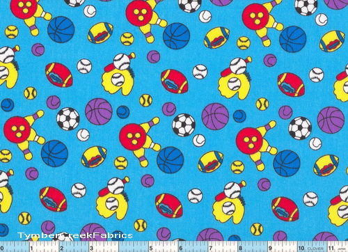 Sports Bowling Soccer Basketball Blue Fabric